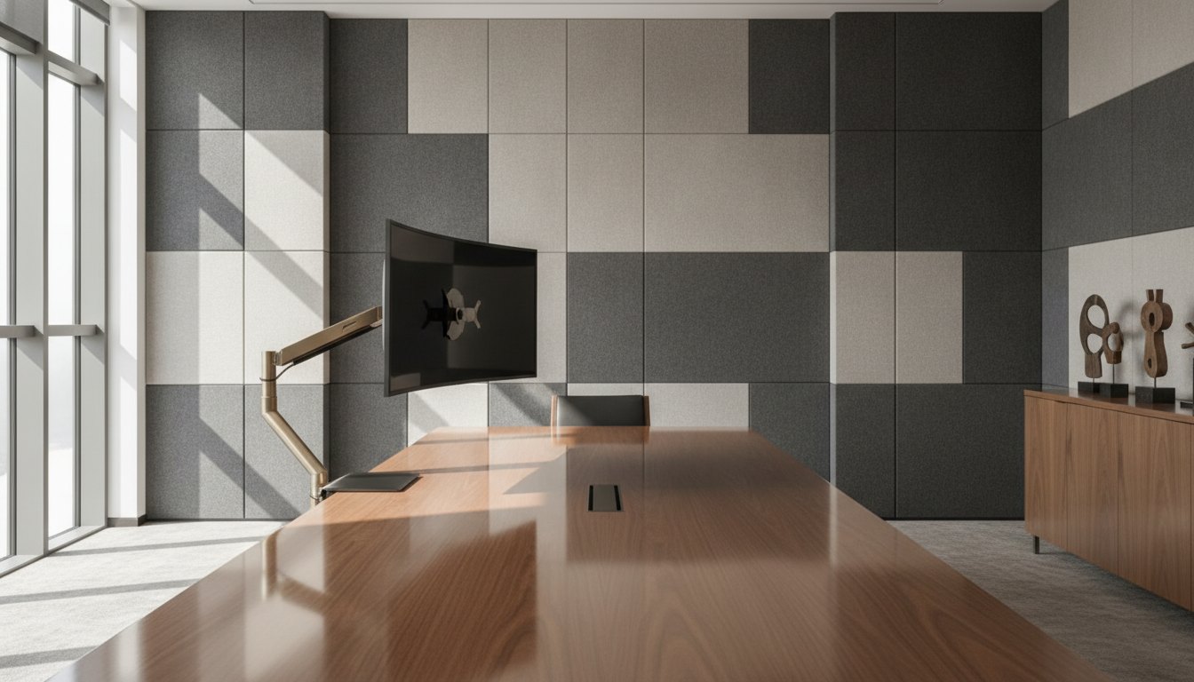 Sala de reunião jurídica com mesa de madeira, monitor articulado e painéis acústicos.