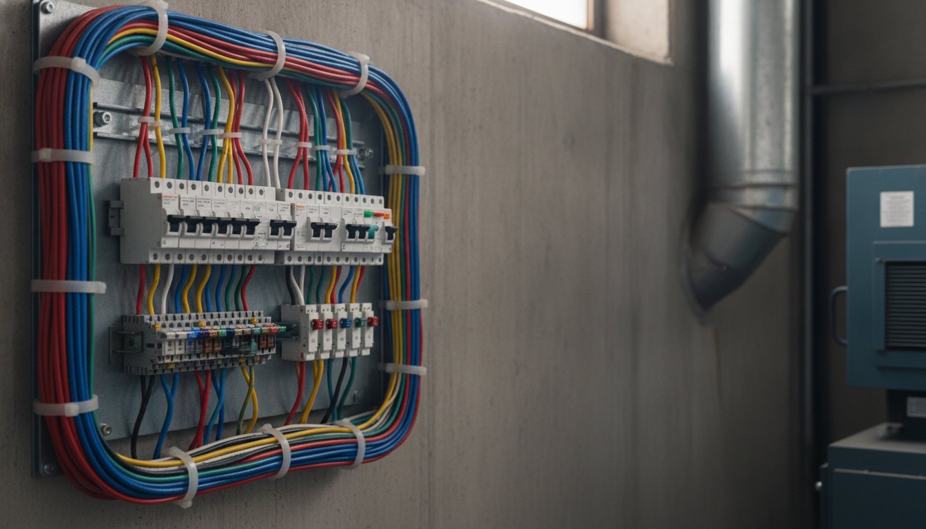 Painel elétrico com cabos coloridos e disjuntores fixados na parede de uma casa de máquinas.