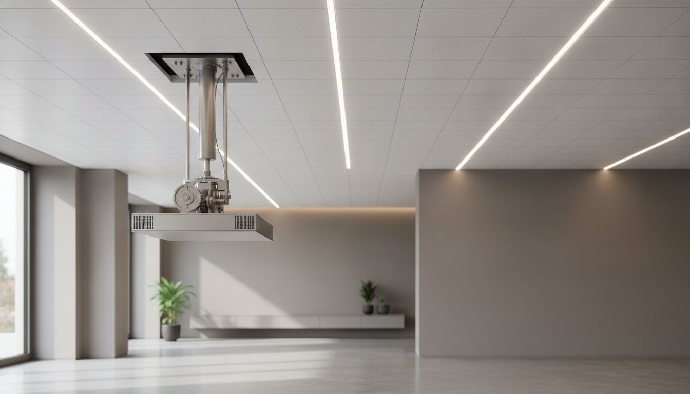 Lift de projetor metálico descendo de um teto rebaixado branco em uma sala com iluminação indireta.