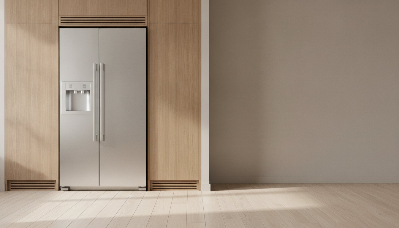 Refrigerador embutido em armário de madeira com frestas de ventilação nas bordas e piso nivelado.