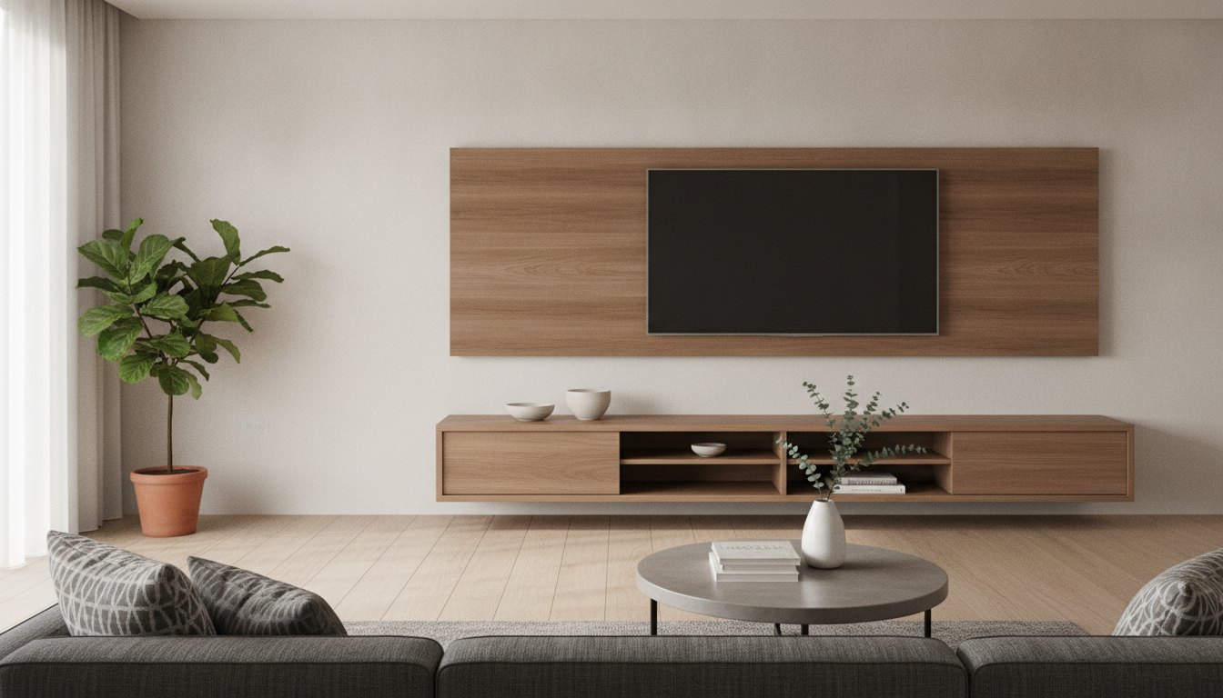 Sala de estar com rack de madeira e painel suspenso sustentando um televisor largo.