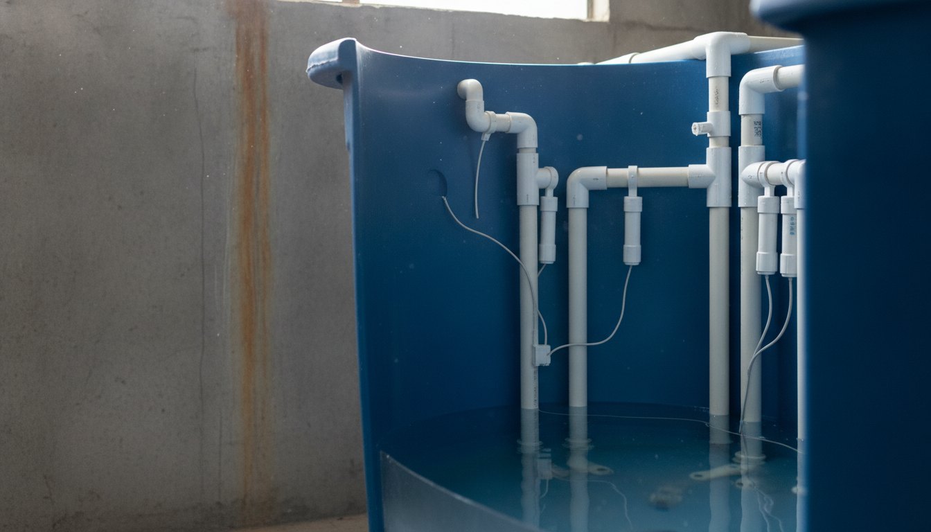 Operário instalando tubulações de PVC e sensores de nível em uma caixa d'água residencial.