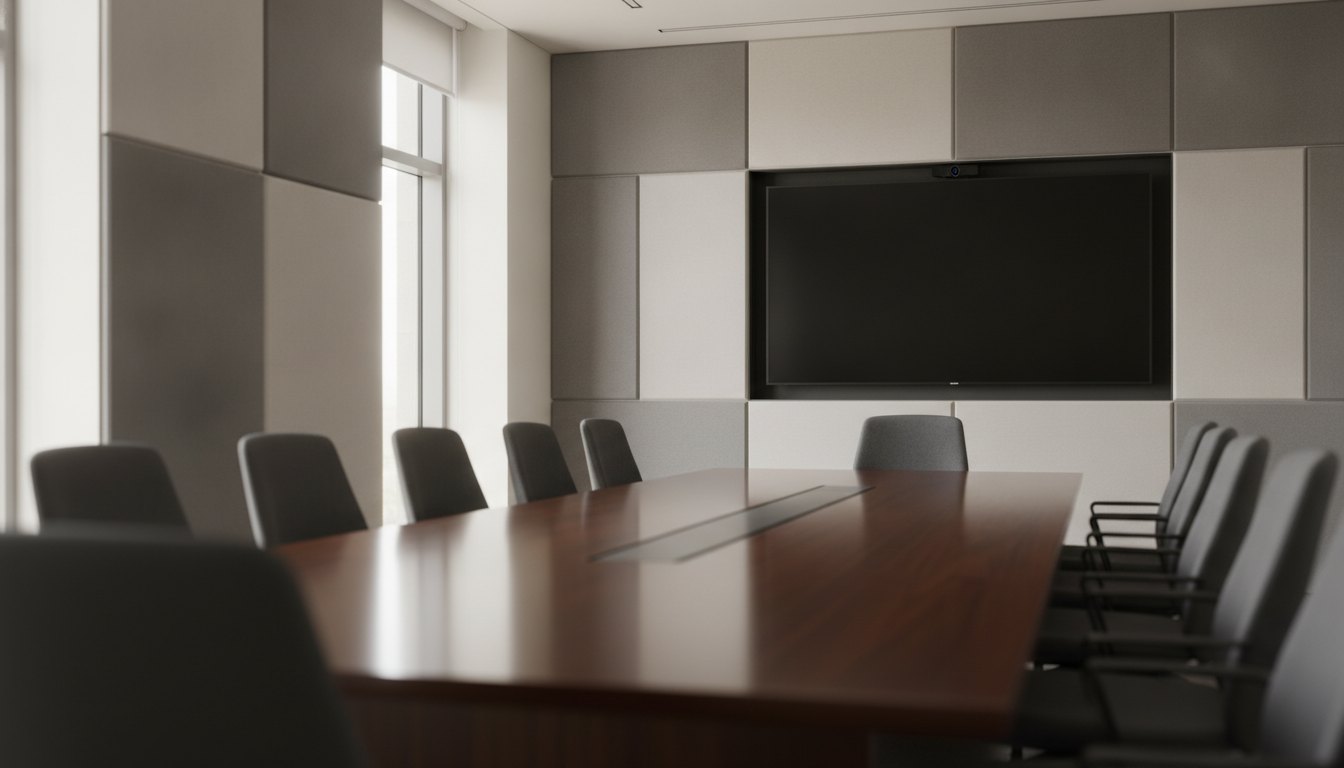 Sala de reuniões com mesa de madeira, painéis acústicos nas paredes e monitor para videoconferência.