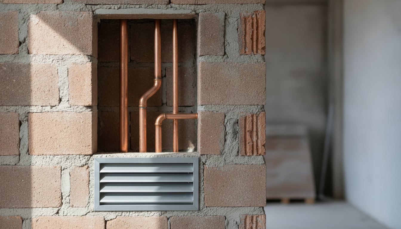 Tubos de cobre instalados em um vão de alvenaria com grelha de ventilação metálica.