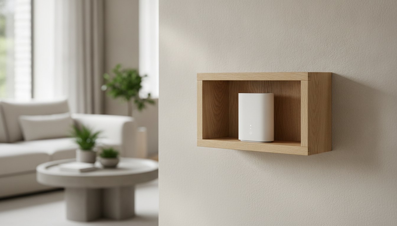 Roteador branco posicionado dentro de um nicho de marcenaria vazado em uma sala de estar.