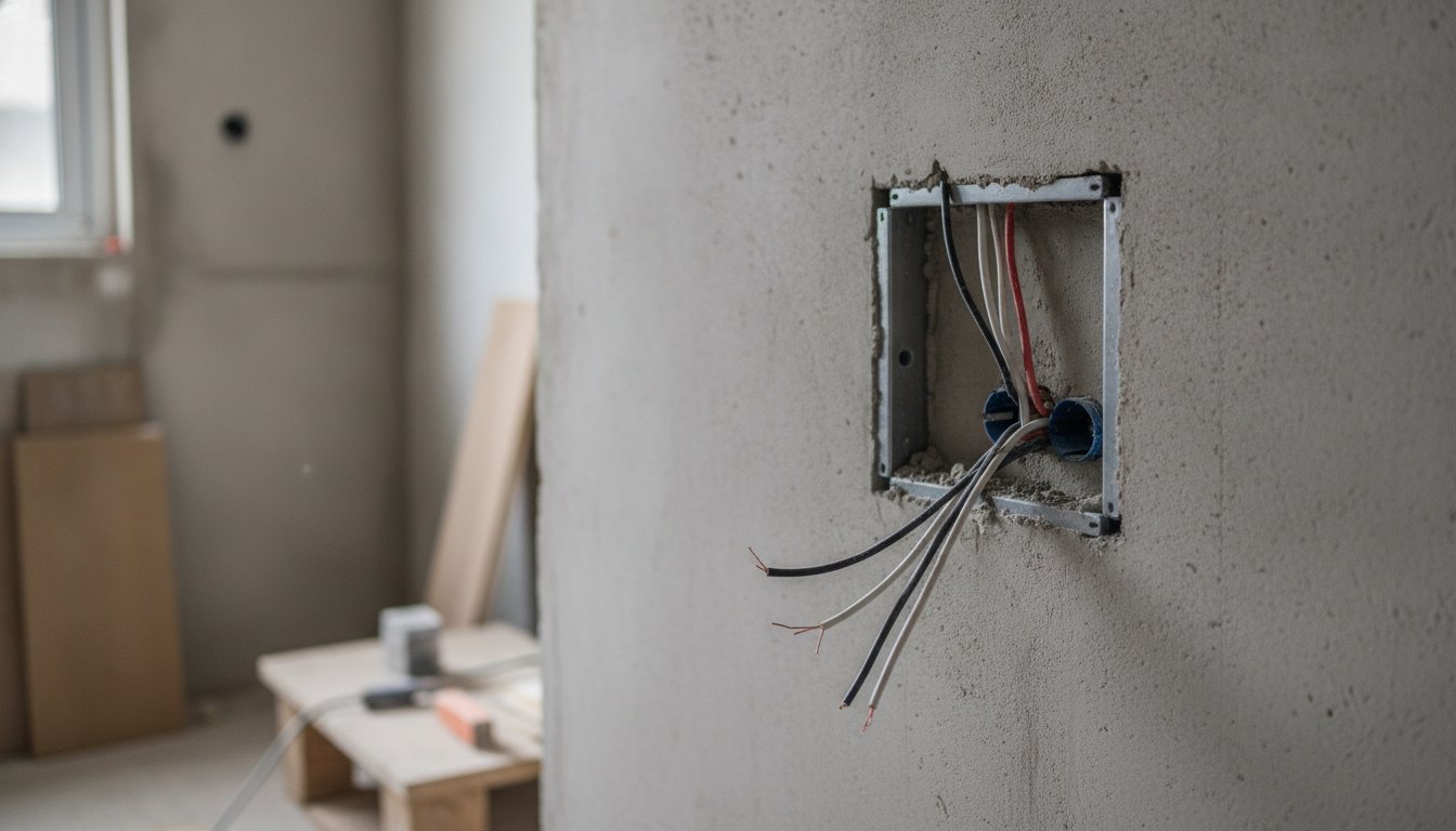Operário instalando fiação elétrica embutida na parede atrás de um espaço para espelho no banheiro.