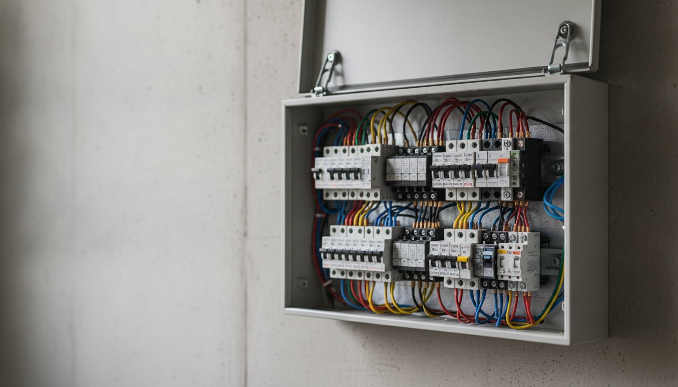Quadro de distribuição elétrica aberto com disjuntores e cabos coloridos conectados aos terminais metálicos.