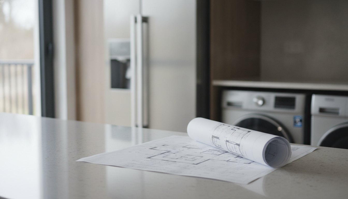 Arquiteto analisa planta baixa sobre uma bancada de cozinha com geladeira e máquina de lavar.