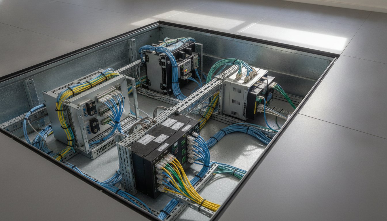 Cabos de rede e equipamentos de automação organizados no vão interno de um piso elevado.