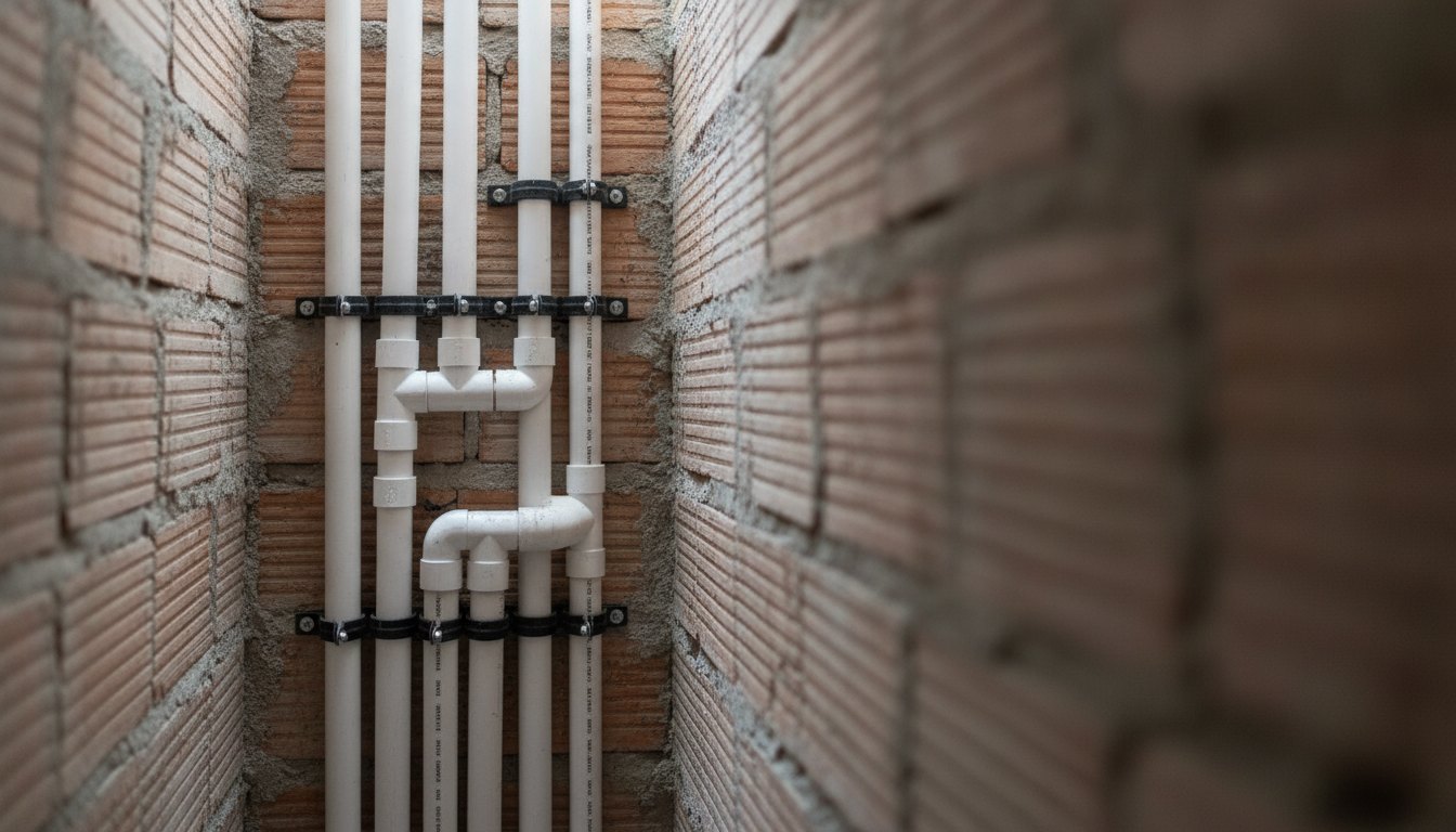 Tubulações de PVC instaladas dentro de um shaft de alvenaria com abraçadeiras emborrachadas.