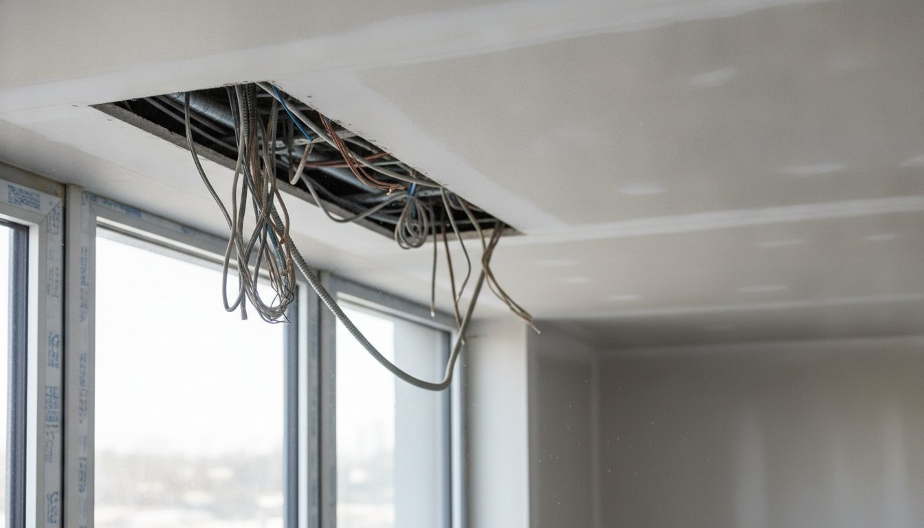 Teto de gesso rebaixado com rasgo próximo à janela revelando fiação elétrica para instalação mecânica.
