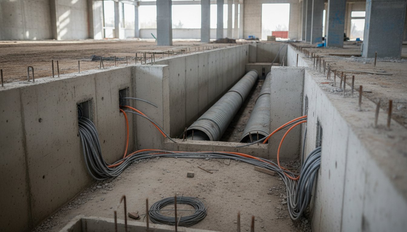 Fosso de concreto em construção com tubulações elétricas aparentes para instalação de plataforma de elevação.