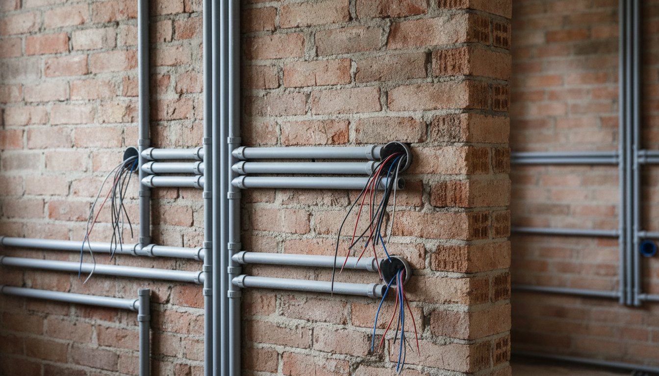 Tubos de pvc cinza instalados em parede de tijolos antes do acabamento final com fios elétricos.