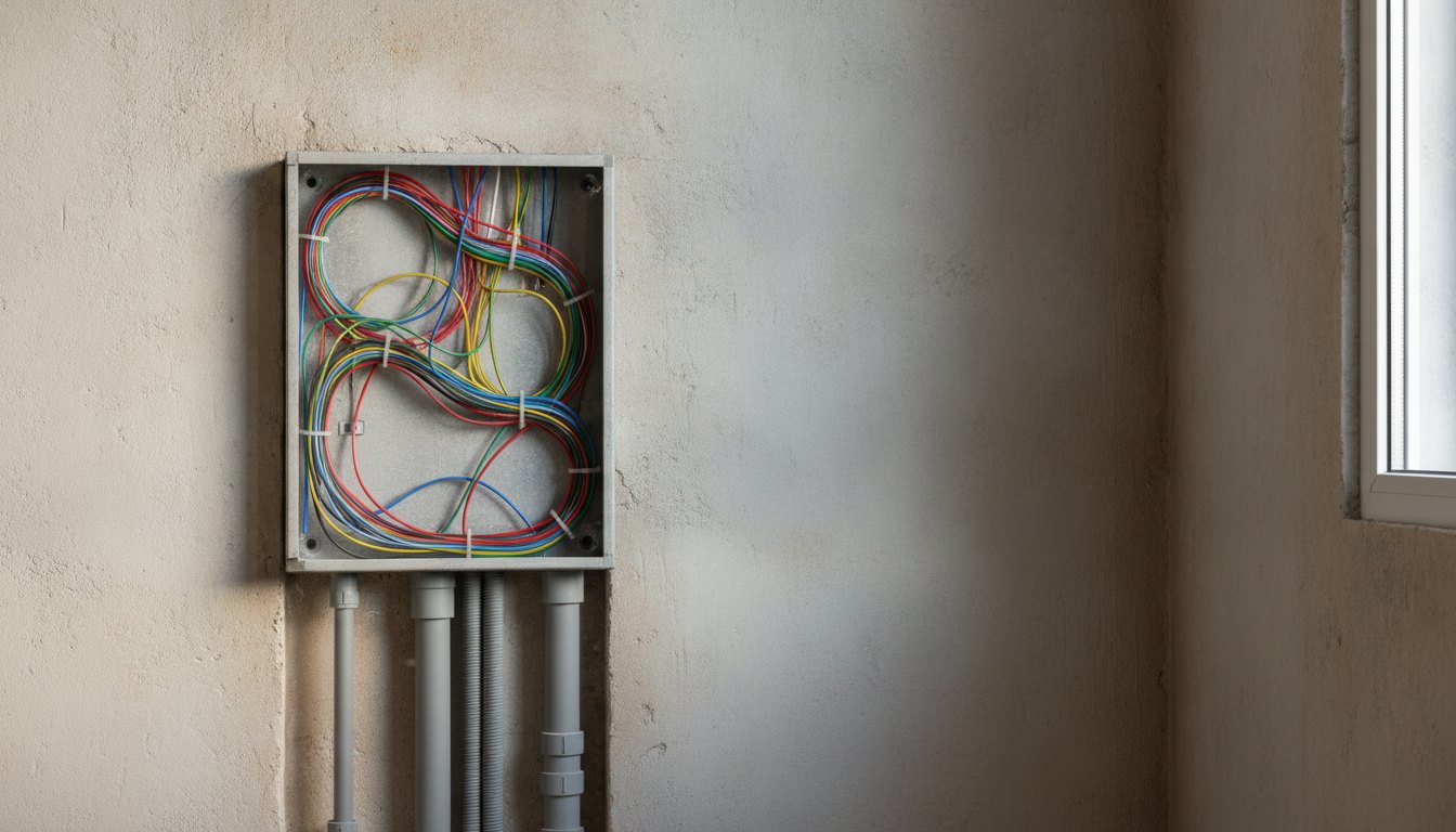 Quadro de distribuição elétrica aberto com cabos coloridos organizados e tubulações cinzas embutidas na parede.