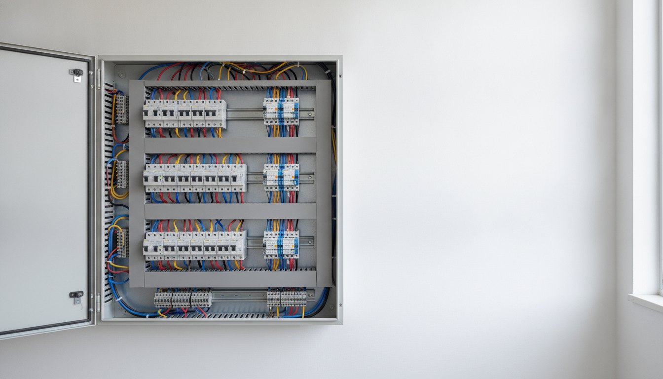 Quadro de distribuição de energia aberto mostrando disjuntores e cabeamento organizados em parede branca.