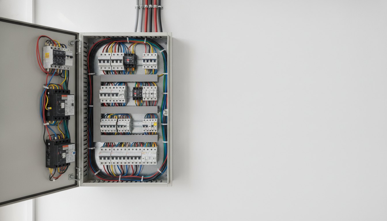 Quadro de distribuição de energia aberto com disjuntores e cabos elétricos expostos na parede branca.