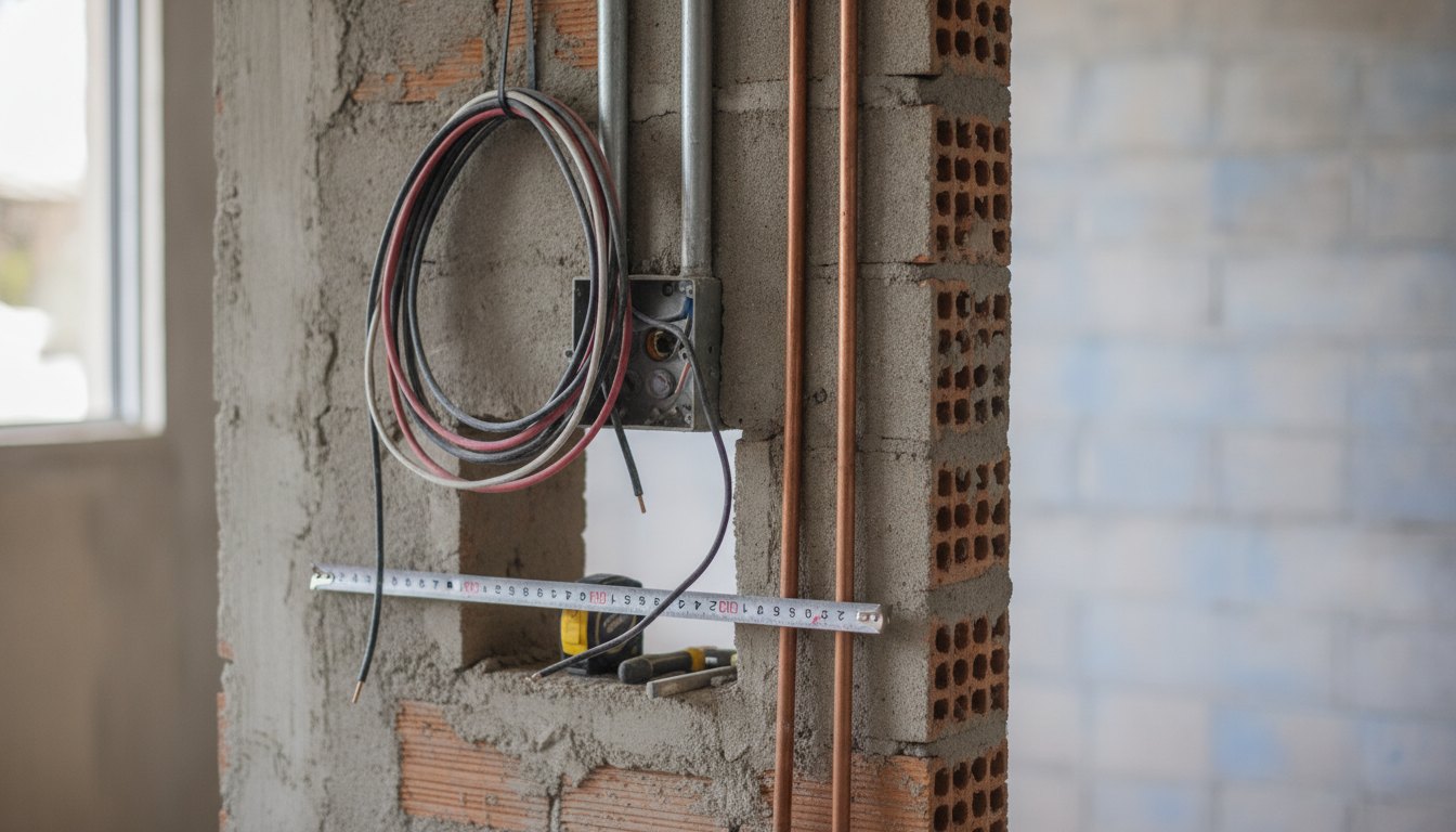 Operário medindo nicho na parede de alvenaria perto de fios elétricos expostos e tubulações.
