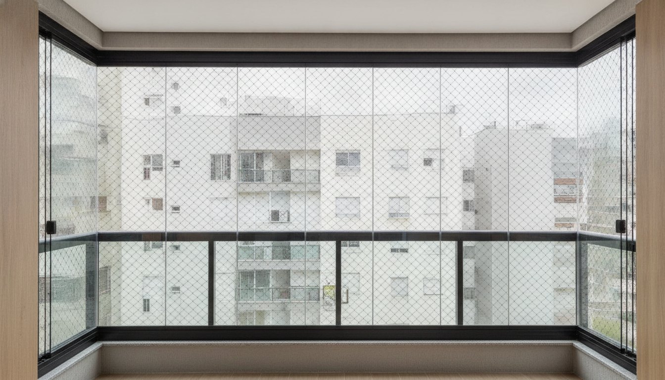 Varanda residencial com sistema de envidraçamento aberto e malha de proteção instalada no vão.