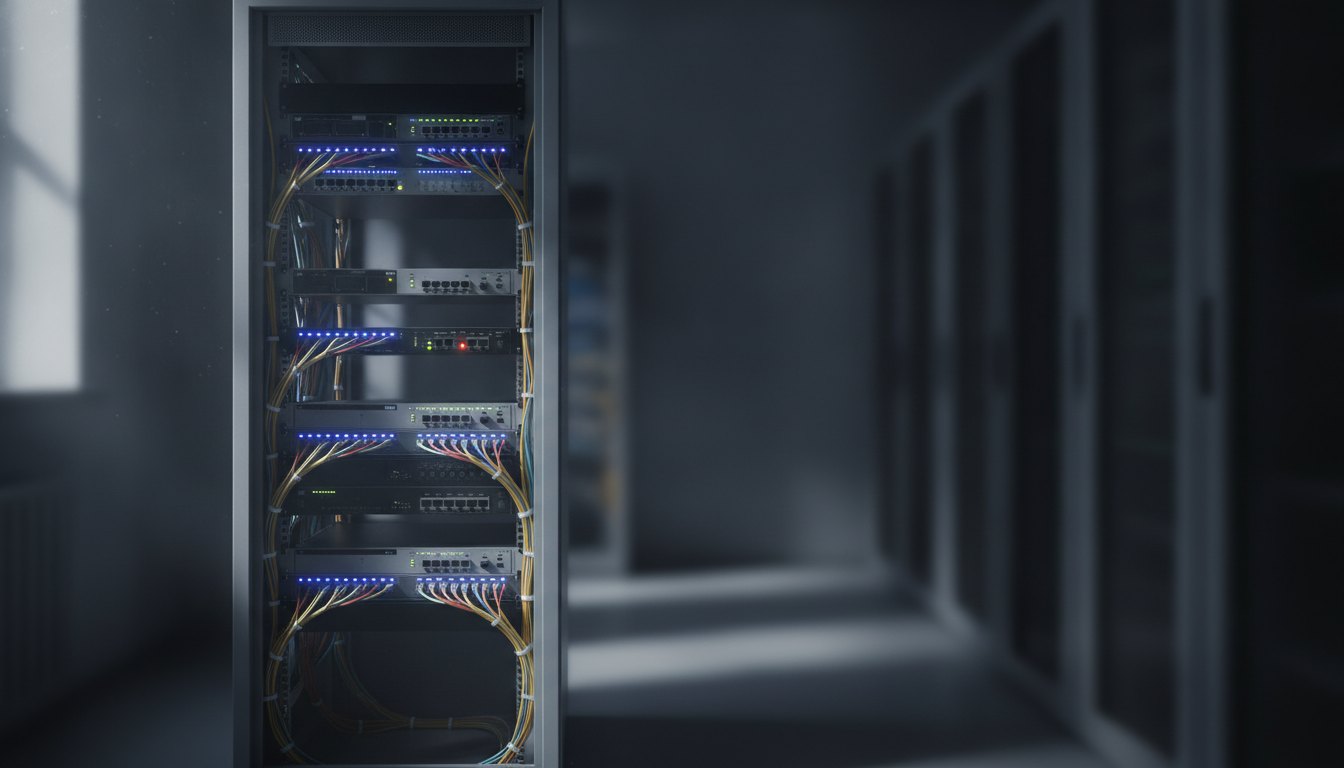 Rack metálico contendo equipamentos de rede com luzes azuis piscando em um ambiente escuro.