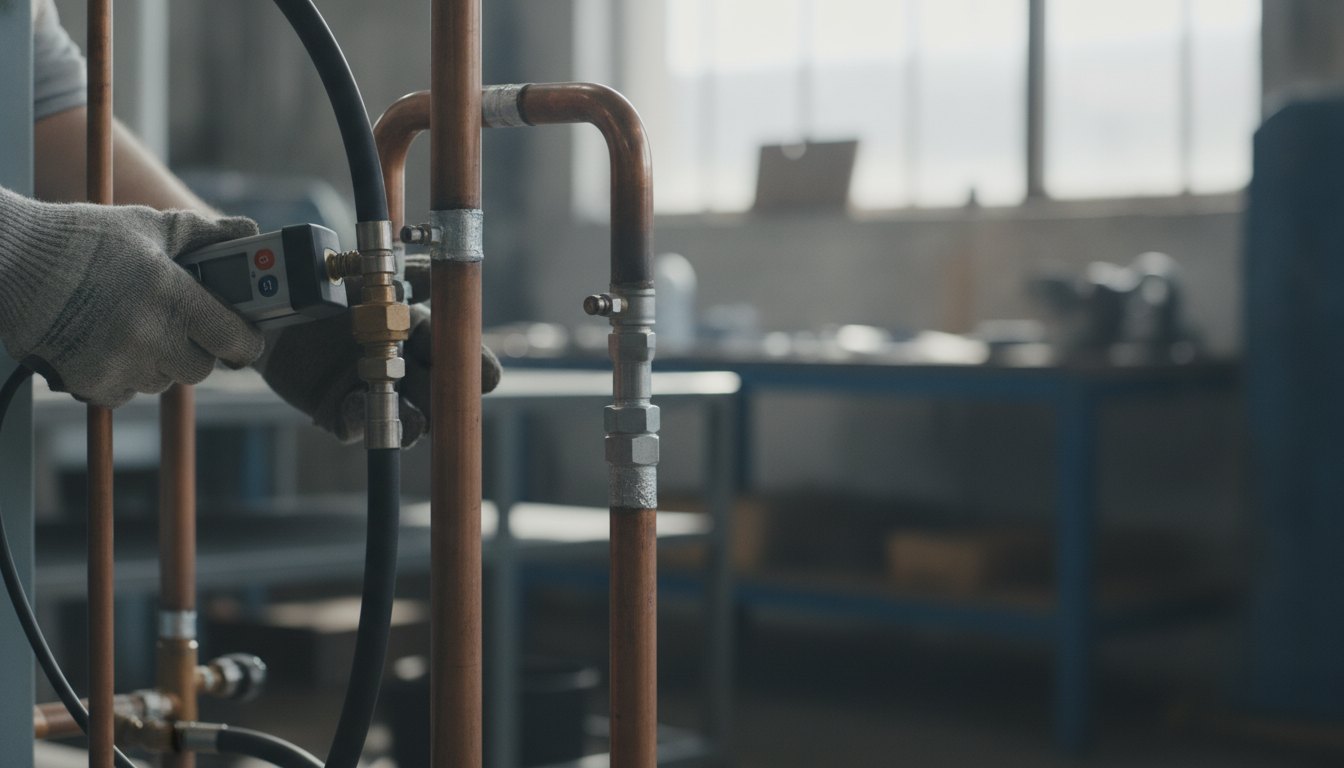 Técnico com luvas utiliza equipamento eletrônico de detecção em tubulação de cobre de refrigeração.