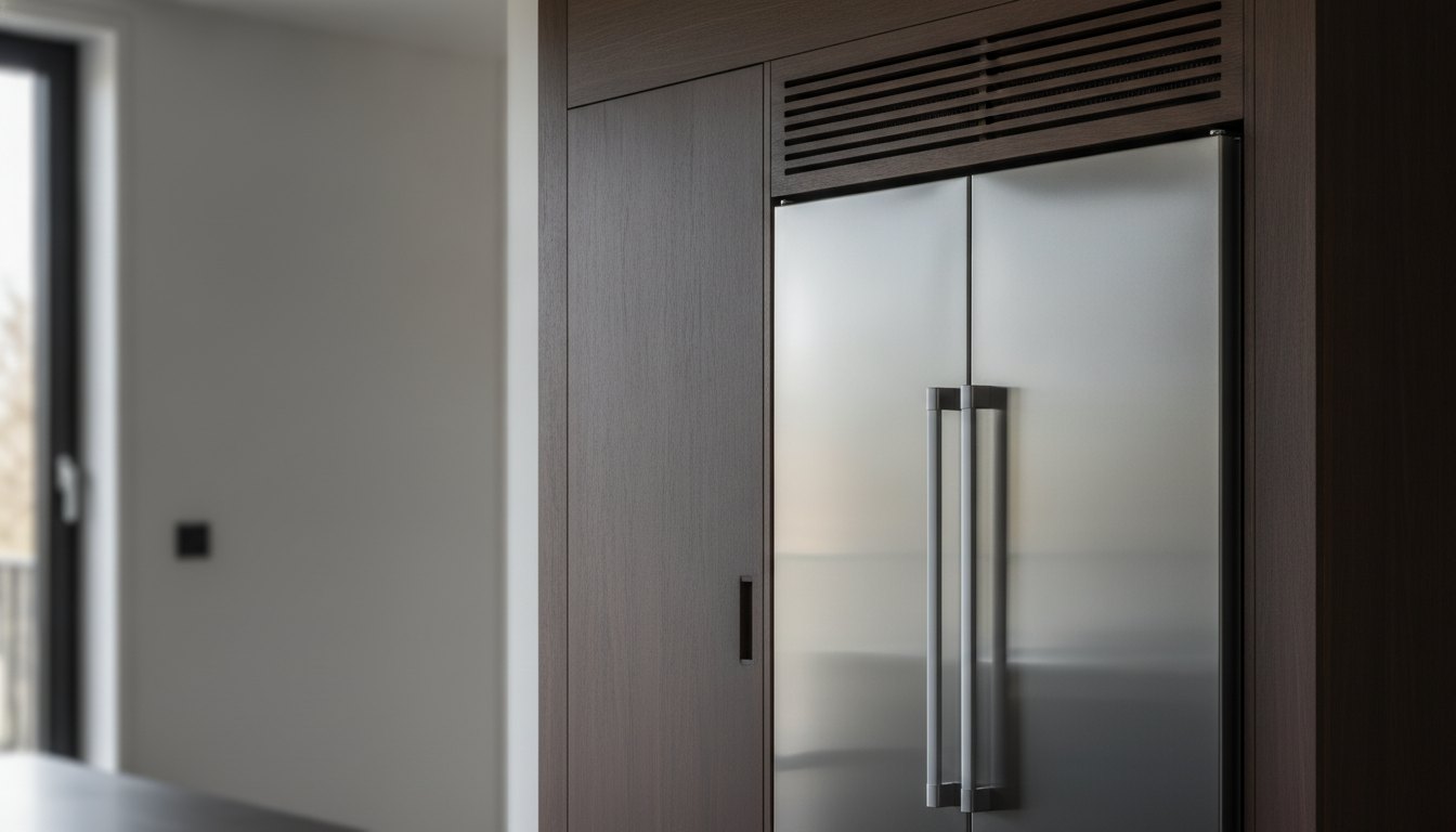 Refrigerador de grande porte embutido em nicho de marcenaria escura com grelha de ventilação superior